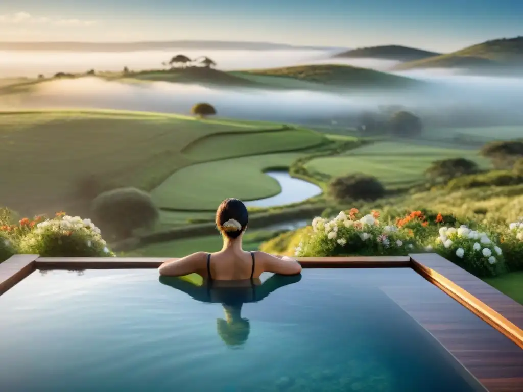 Destinos bienestar Uruguay: Spa de lujo en el campo, piscina infinita con vistas a colinas verdes y puesta de sol dorada