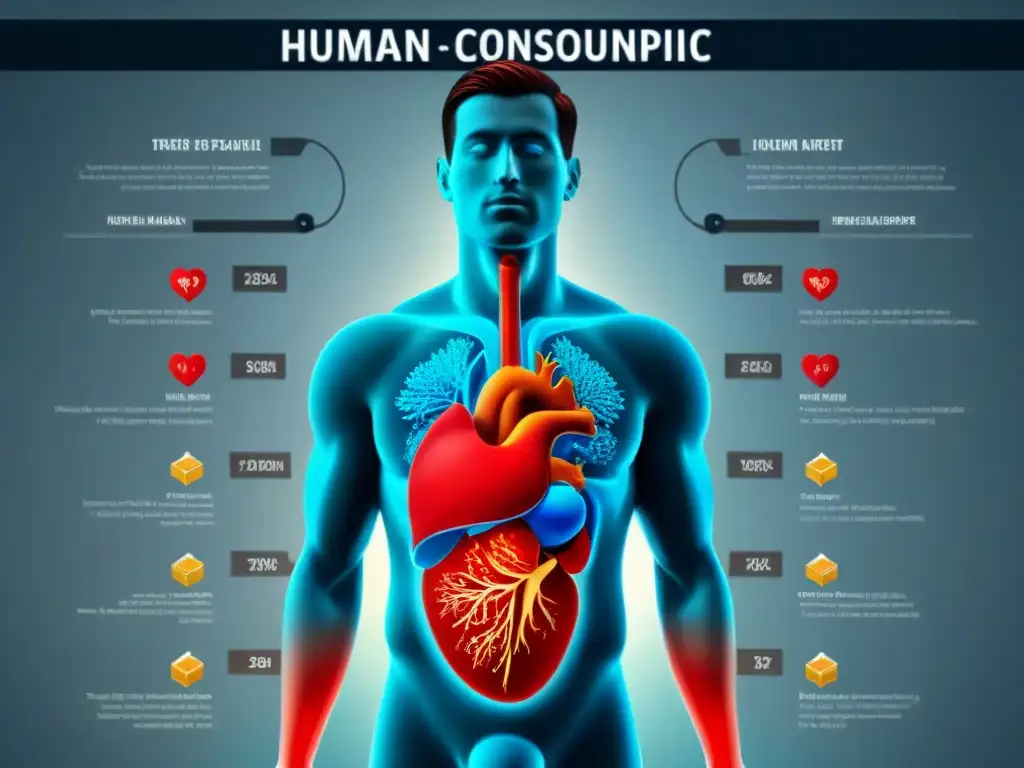 Ilustración detallada sobre los efectos del consumo de alcohol en el cuerpo humano, destacando el hígado, cerebro y corazón