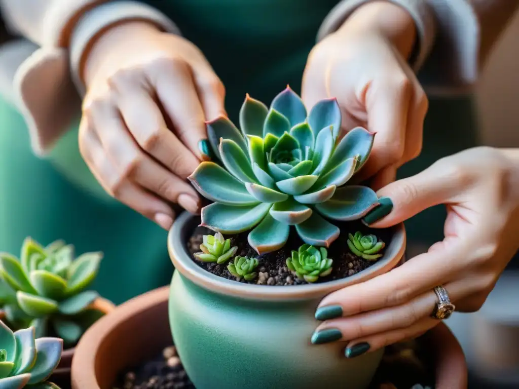 Detallada imagen de manos femeninas plantando suculenta verde en maceta cerámica, resaltando belleza sustentable