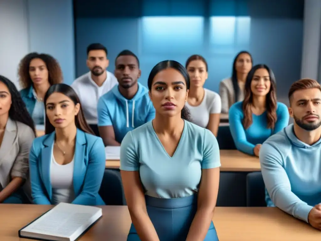 Ilustración detallada de jóvenes en aula virtual, expresiones diversas, reflejando el bullying virtual en Uruguay y la urgencia de prevención