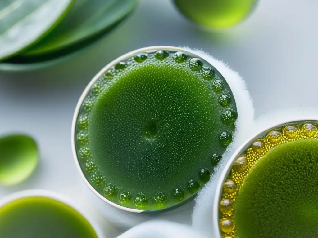 Detalle de algas verdes de Uruguay brillando al sol, junto a ingredientes de cuidado de la piel en elegantes envases de vidrio