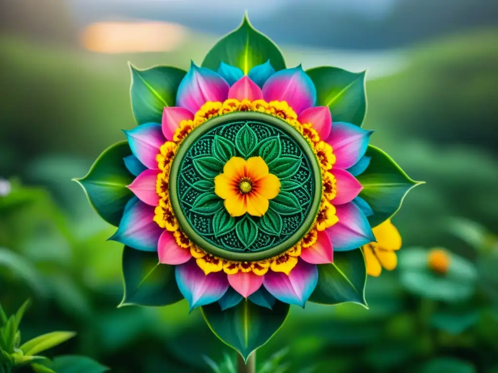 Detalle exquisito de un mandala con colores vibrantes y patrones intrincados, rodeado de naturaleza serena