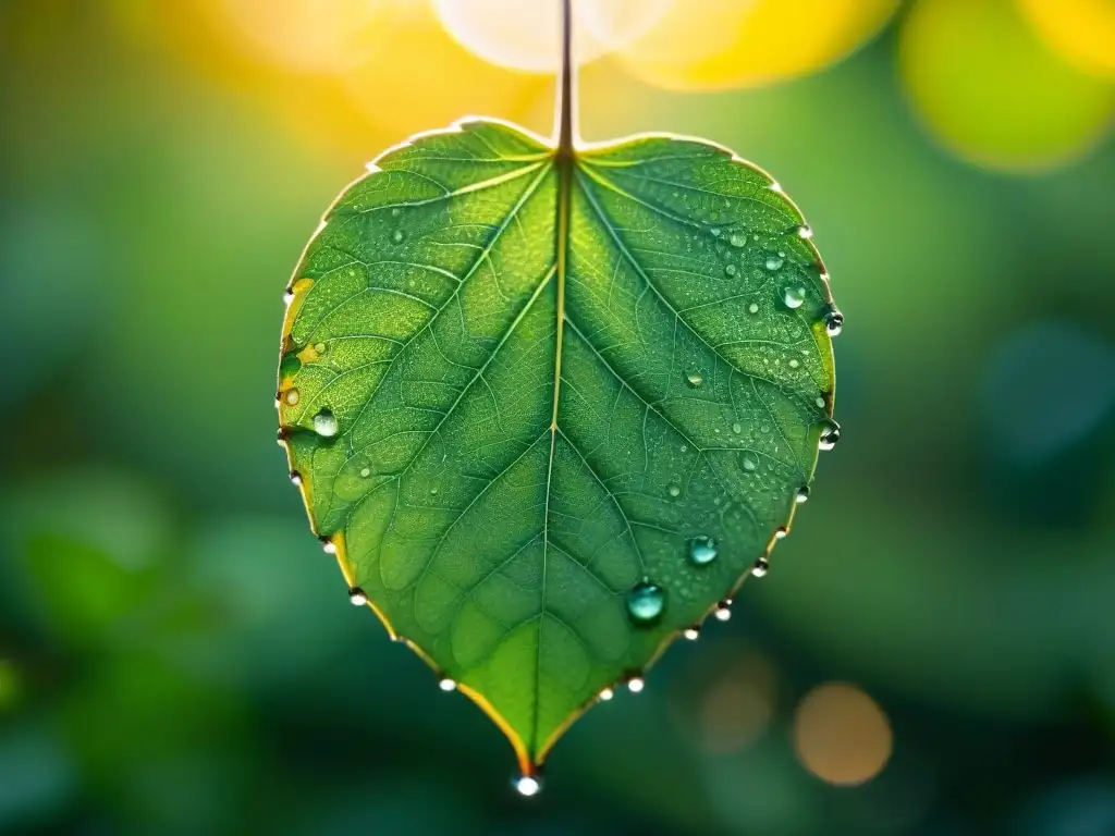 Detalle de hoja verde brillante con gotas de agua bajo luz dorada en el bosque