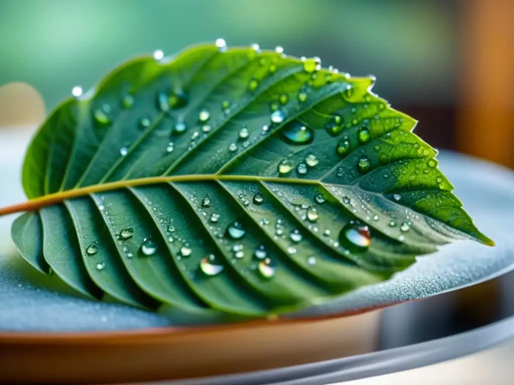 Detalle de hoja verde con rocío, fondo de productos ecoamigables en estante moderno