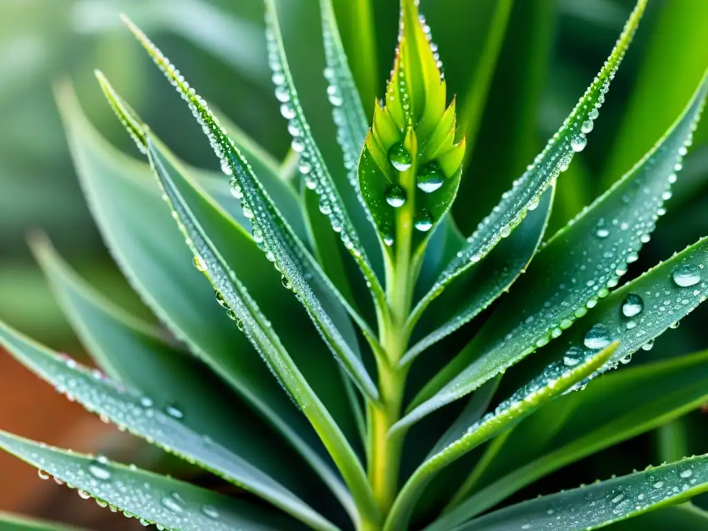 Detalle de una hoja de sábila verde con rocío brillante, reflejando la luz solar