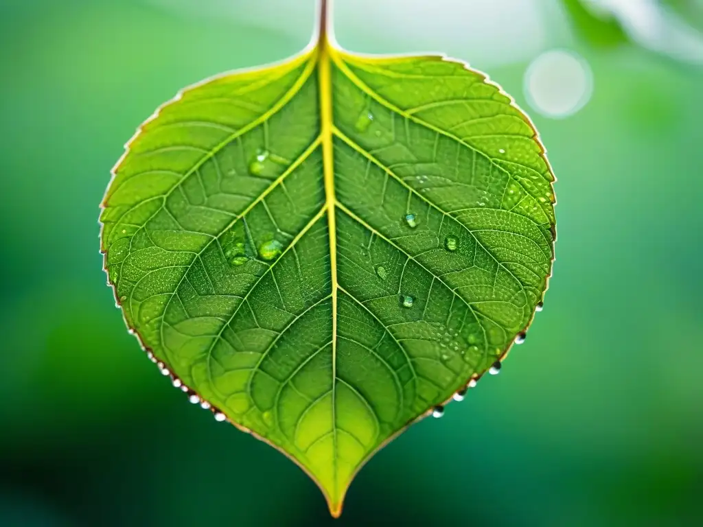 Detalle de una hoja verde vibrante con patrones e gotas de rocío, simbolizando la pureza y esencia natural de los cosméticos ecoamigables