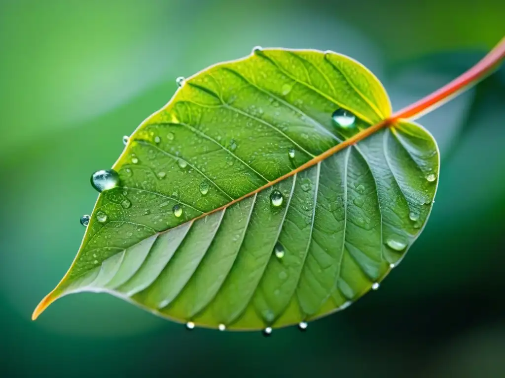 Detalle de una hoja verde vibrante con gotas de agua, belleza natural y frescura de ingredientes prohibidos cosméticos ecoamigables Uruguay