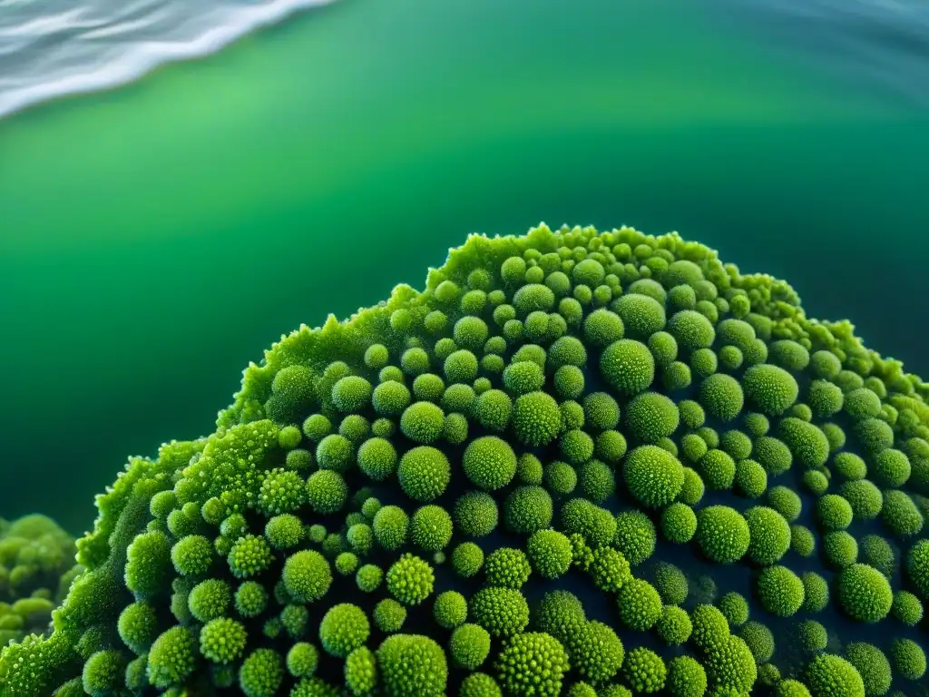 Detalle impresionante de alga uruguaya verde con gotas de agua, resaltando beneficios para la piel