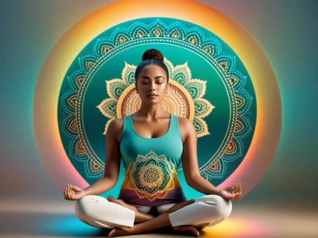 Detalle intrincado de un mandala en colores vibrantes y patrones complejos, simbolizando paz y equilibrio, ideal para apps de meditación uruguayas