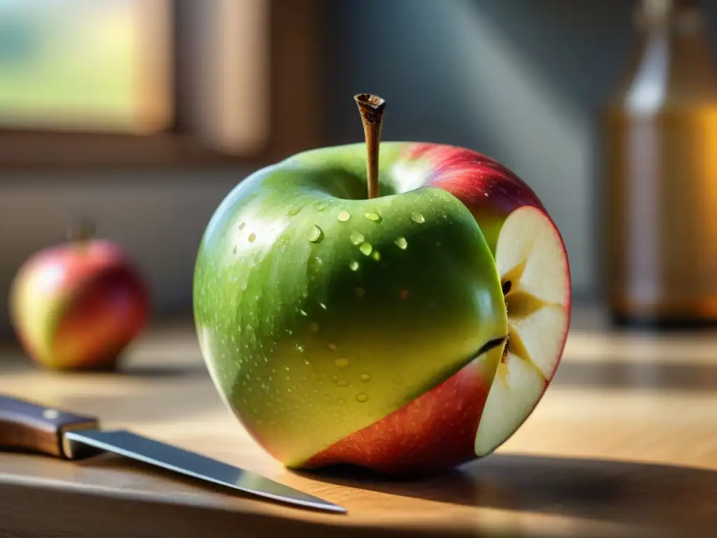 Detalle de una manzana fresca siendo cortada, con vinagre de manzana al fondo, mostrando sus beneficios