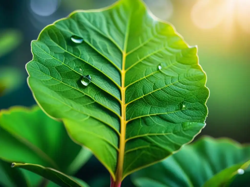 Detalle de una planta de yerba mate verde brillante de Uruguay, con patrones intrincados, venas delicadas y rocío matutino