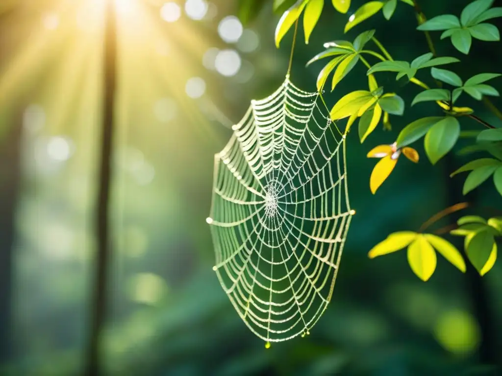 Detalle de bosque verde con telaraña brillante y gotas de rocío, simbolizando la conexión en la naturaleza