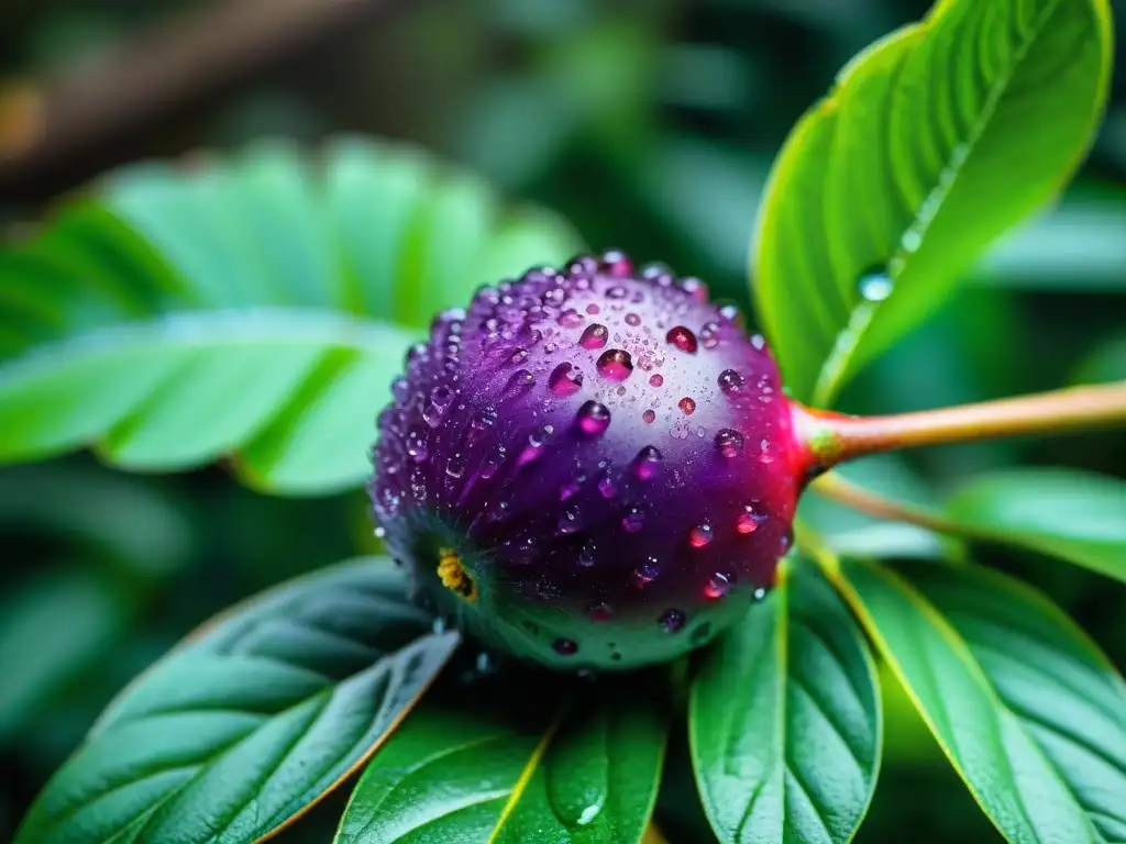 Detalle vibrante de una baya de açai morada en contraste con la exuberante selva amazónica