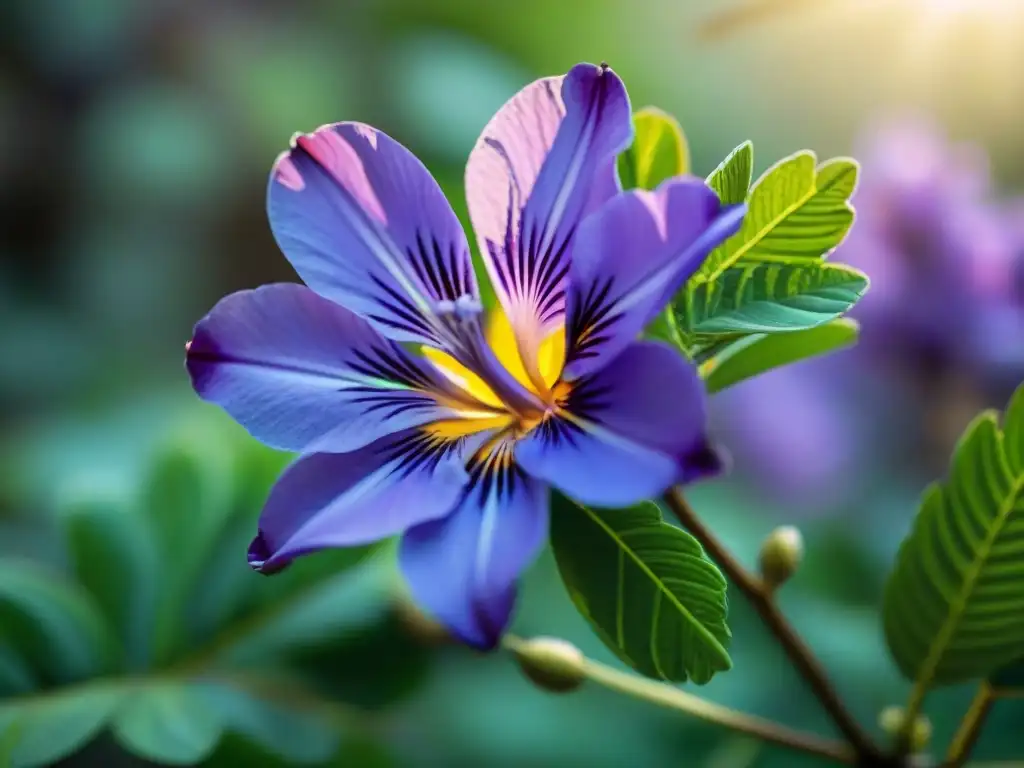 Detalles de una flor jacarandá morada en un jardín verde exuberante, resaltando su belleza con ingredientes naturales uruguayos piel