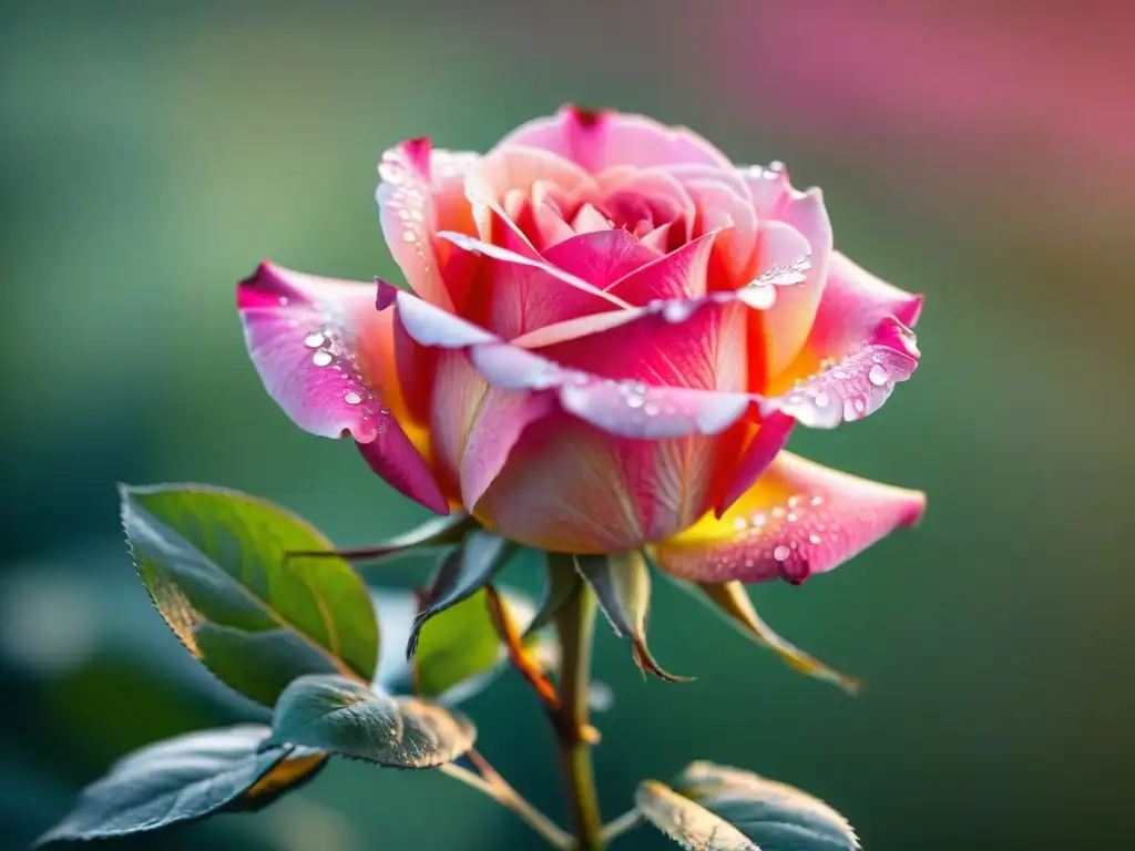 Detalles de una rosa rosa de Uruguay, con gotas de rocío y belleza natural