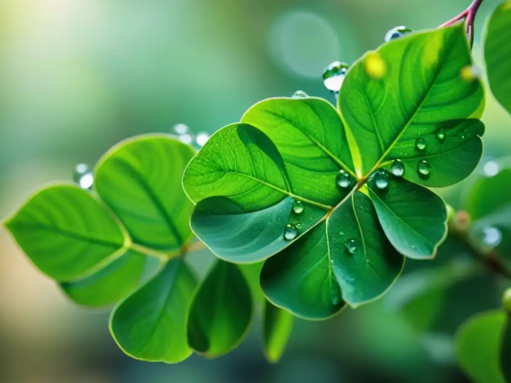 Detalles de hojas de Moringa con rocío matutino, resaltando su color verde vibrante y venas intrincadas