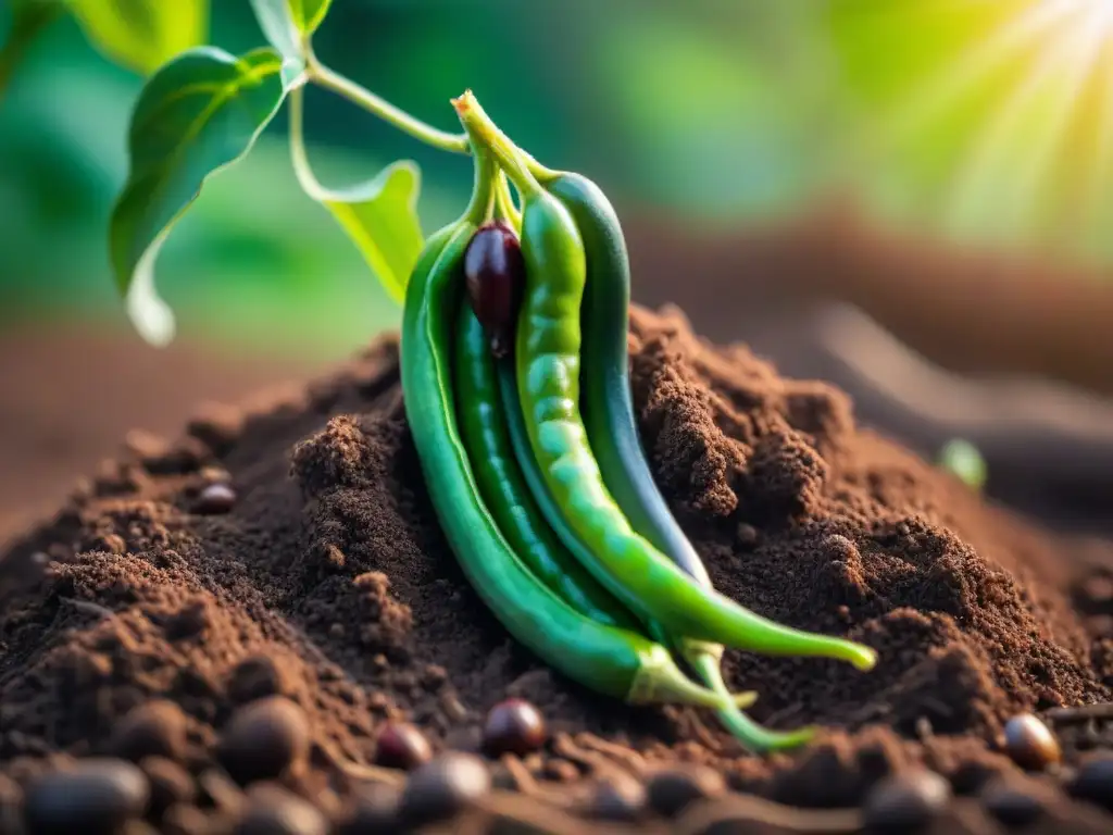 Detalles de una planta de poroto verde vibrante en tierra oscura, resaltando sus raíces saludables