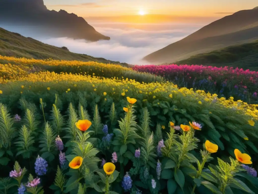 Detalles vibrantes de campo de flores nativas uruguayas, resaltando belleza natural