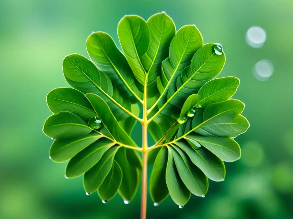 Detalles vibrantes de hojas verdes de moringa en patrón circular, con gotas de agua brillantes bajo el sol, transmitiendo frescura y vitalidad