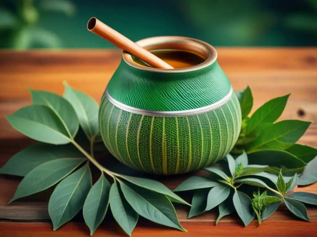 Detalles vibrantes de un mate uruguayo rodeado de hojas verdes de yerba mate, evocando la riqueza cultural del Té de hierbas uruguayo salud