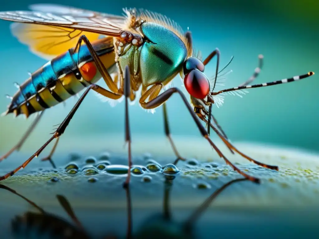 Detalles vibrantes de un mosquito atrapado en una gota de agua, resaltando la prevención del dengue en Uruguay