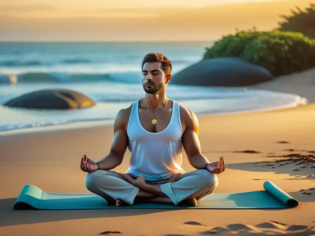 Meditación diaria en Uruguay: Persona meditando en la playa al amanecer, con el mar en calma reflejando los suaves colores del cielo