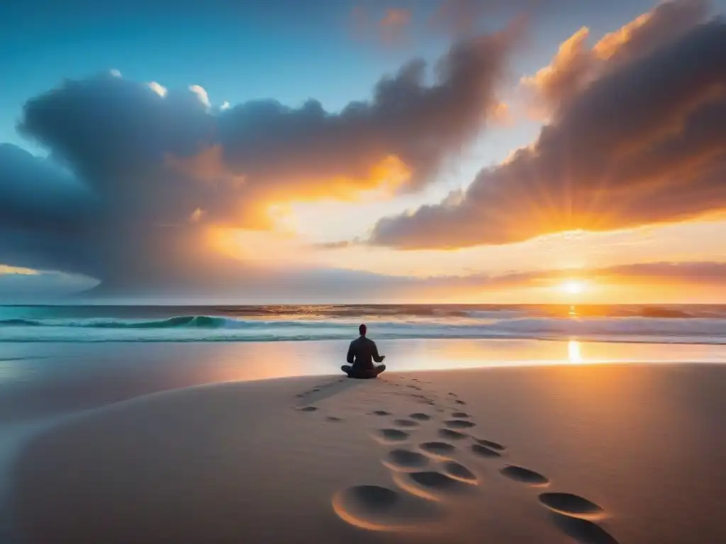 Meditación diaria en Uruguay: playa serena al amanecer, olas suaves, gaviotas y figura meditando en la arena