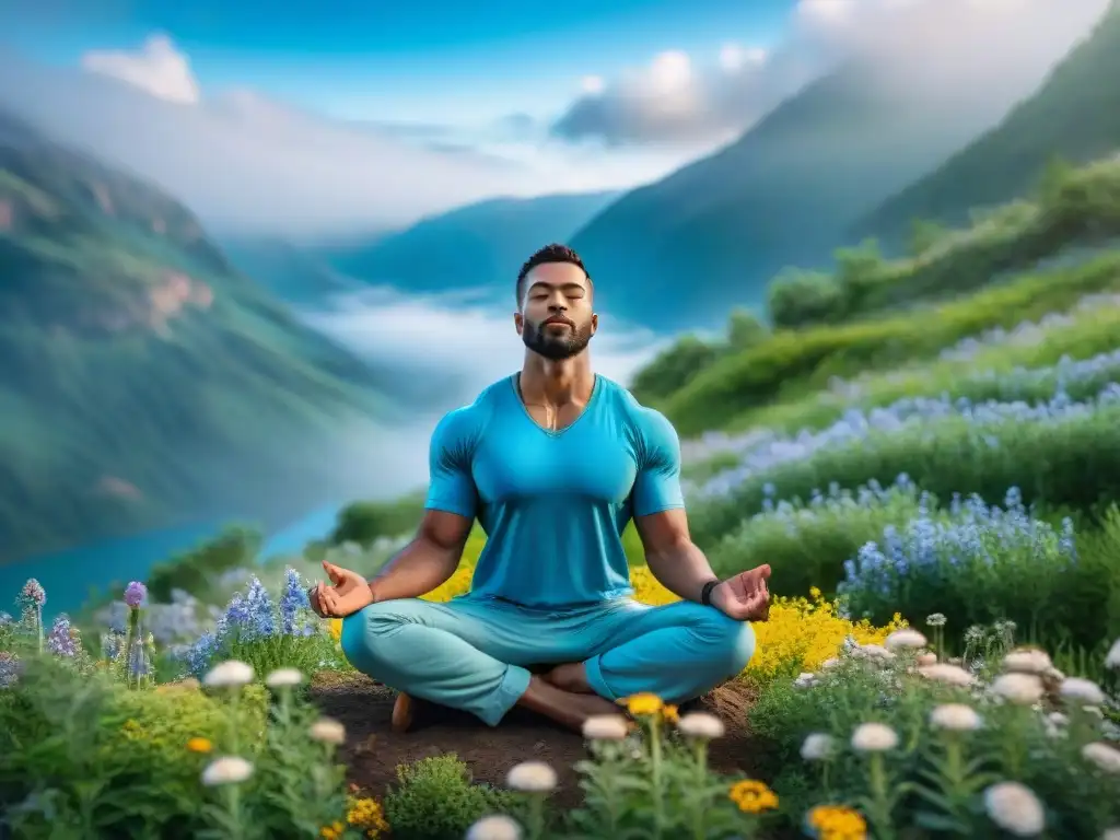 Meditación diaria para uruguayos: Persona meditando en la naturaleza, rodeada de flores silvestres y un cielo azul claro