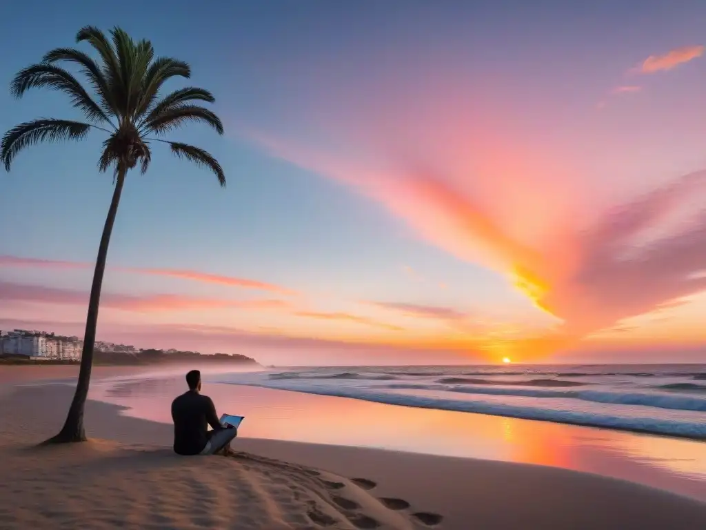 Diario de gratitud en una playa serena de Uruguay al atardecer, con tonos naranjas y rosados pintando el cielo