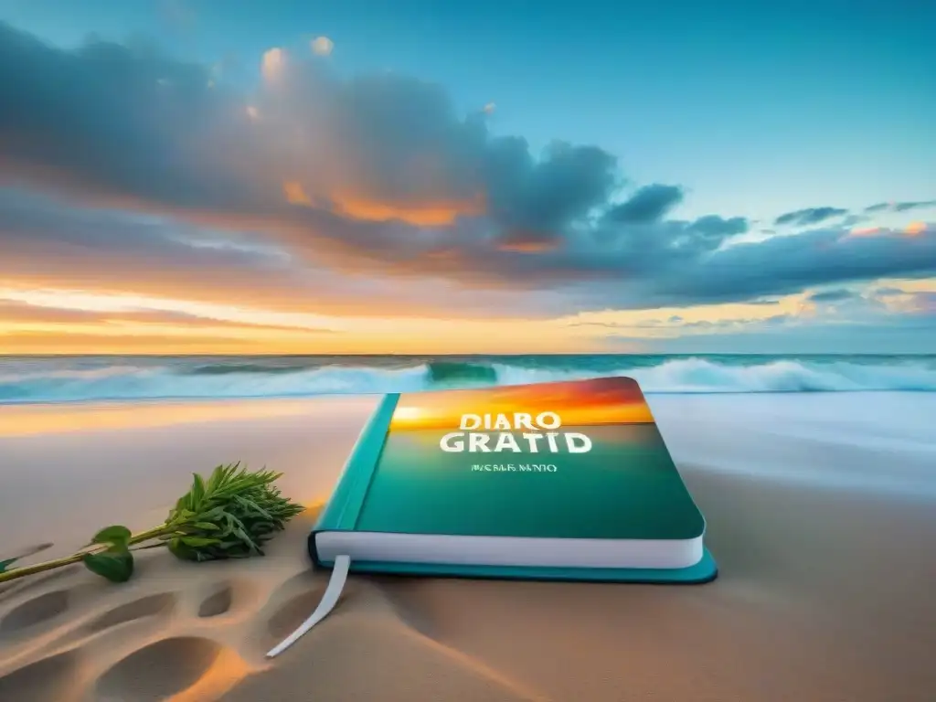 Un diario de gratitud en una playa uruguaya al atardecer, con cielos coloridos reflejándose en el mar tranquilo