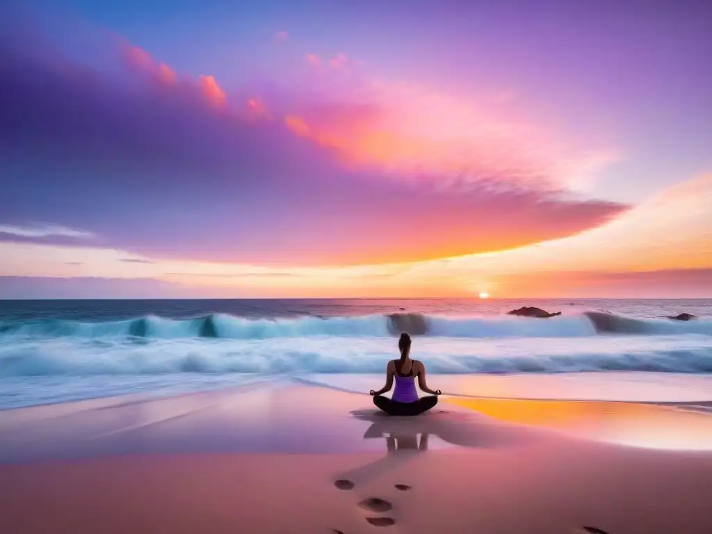 Diario de gratitud Uruguay: Amanecer impresionante en Punta del Este con colores pastel reflejados en el mar y persona practicando yoga en la playa