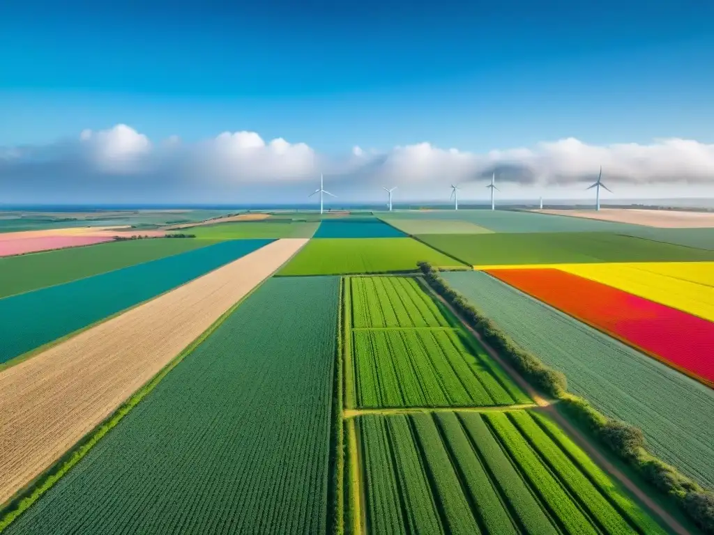 Dieta sostenible: paisaje vibrante de cultivos y turbinas eólicas en Uruguay, bajo un cielo azul con nubes blancas