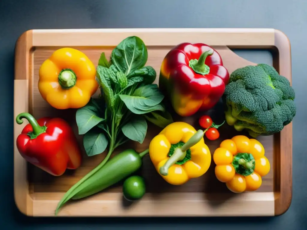 Una dieta vegetariana equilibrada en Uruguay: variedad de frutas y verduras frescas en tabla de madera