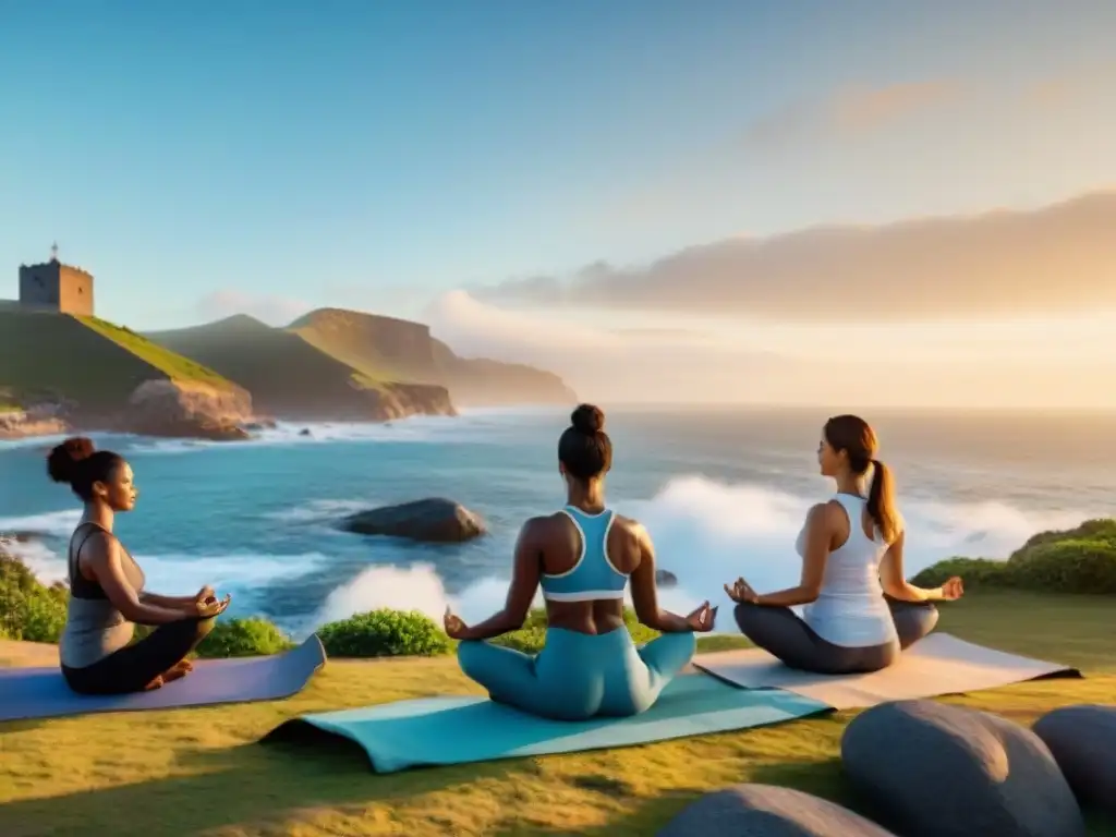 Conexión digital en bienestar: grupo variado practica yoga frente al atardecer en la costa uruguaya