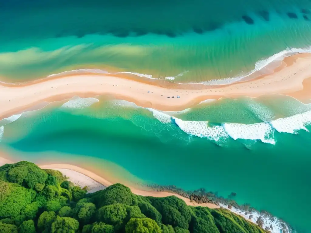 Ilustración digital de una playa serena en Uruguay, con aguas cristalinas y costa verde