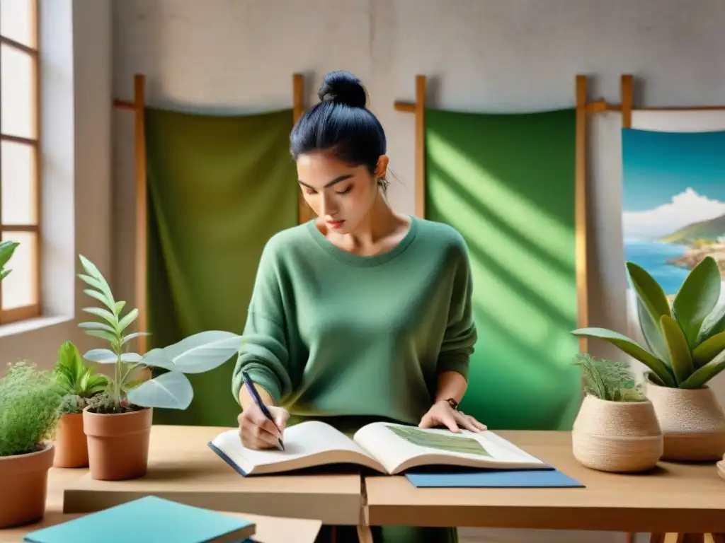 Diseñadora de moda uruguaya creando prenda sostenible en estudio soleado con plantas verdes