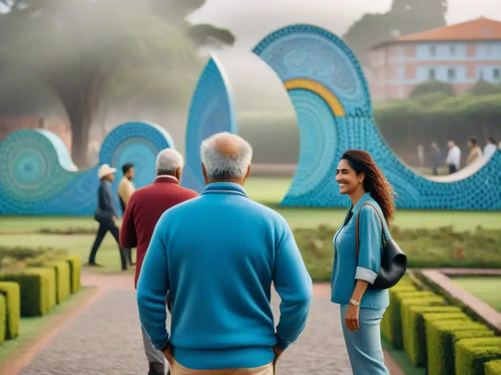 Diversa comunidad paseando y conversando en parque urbano en Uruguay