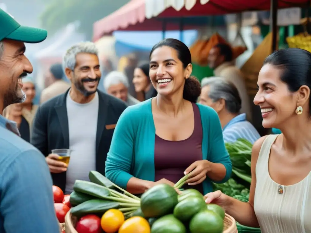 Diversidad y alegría en un mercado vibrante de Uruguay, promoviendo el consumo responsable