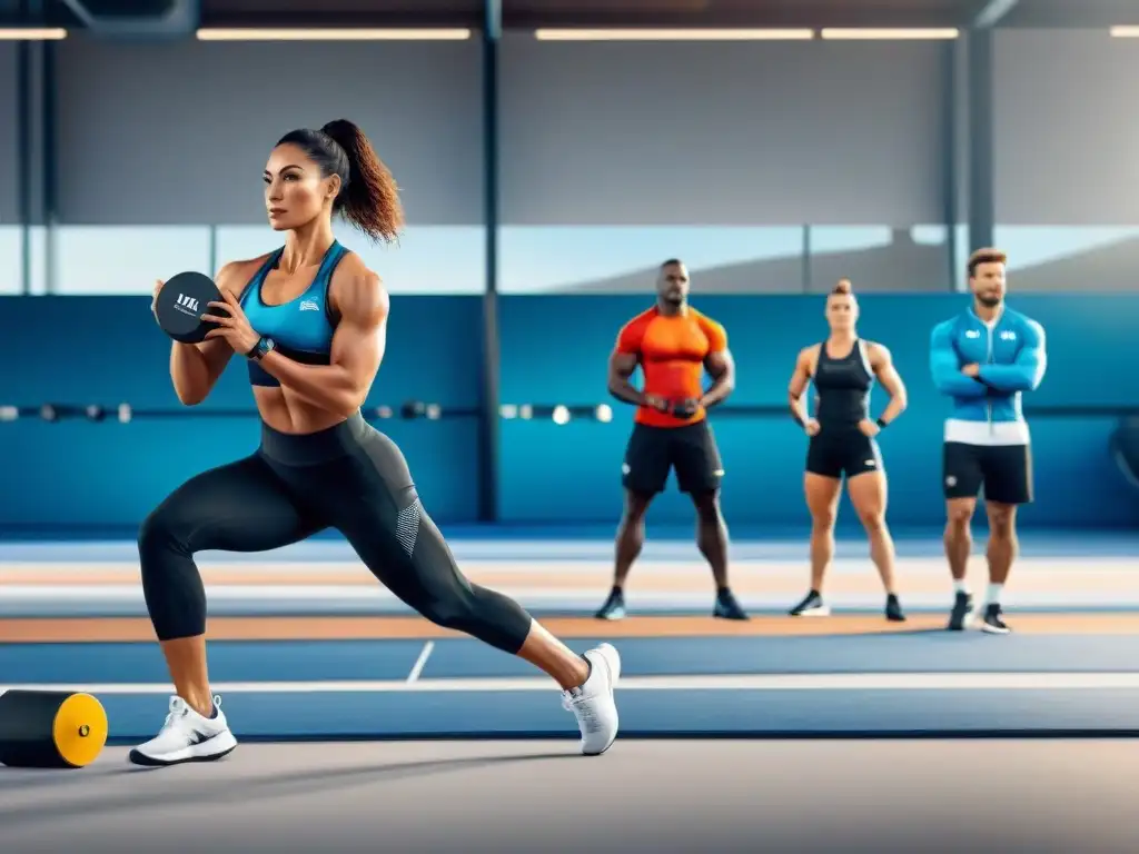 Diversidad de atletas con suplemento de glutamina en instalación deportiva futurista, transmitiendo energía y vitalidad