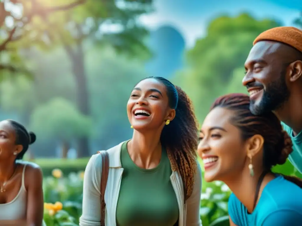 Diversidad de personas riendo juntas en un parque, transmitiendo alegría y camaradería