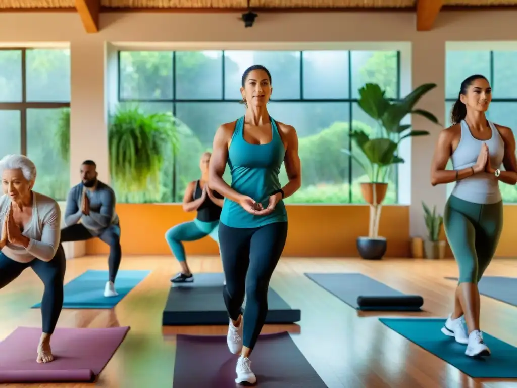 Diversidad de personas practicando yoga, pesas y más en centro de bienestar en Uruguay, promoviendo estrategias bienestar integral Uruguay