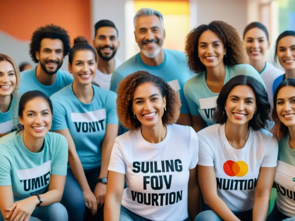 Diverso grupo de voluntarios sonrientes en centro comunitario de Uruguay, promoviendo programas educativos nutrición