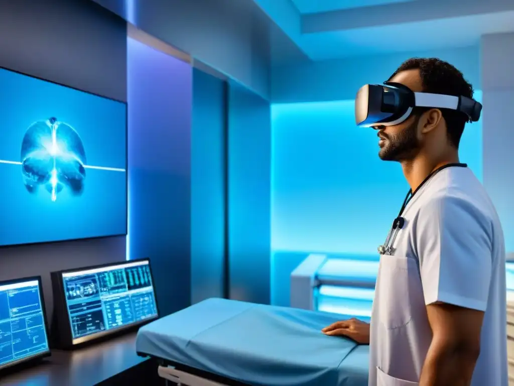 Un doctor realiza una cirugía simulada con realidad virtual en una sala hospitalaria futurista, rodeado de tecnología avanzada y monitoreo médico