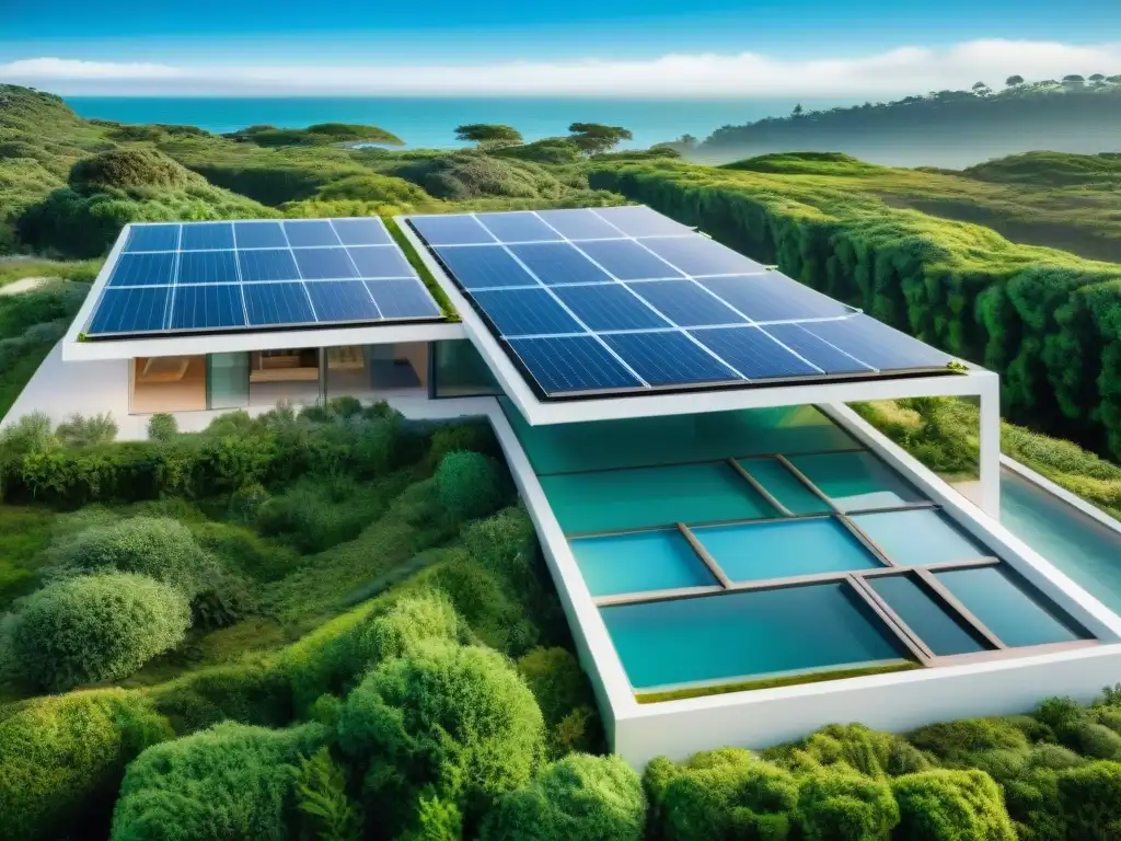 Un edificio moderno sostenible en Uruguay con paneles solares y techos verdes, rodeado de vegetación