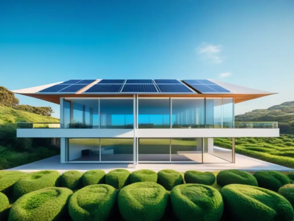 Edificio de oficinas moderno en Uruguay con paneles solares, rodeado de vegetación y cielo azul, representando el bienestar ambiental para empresas en Uruguay