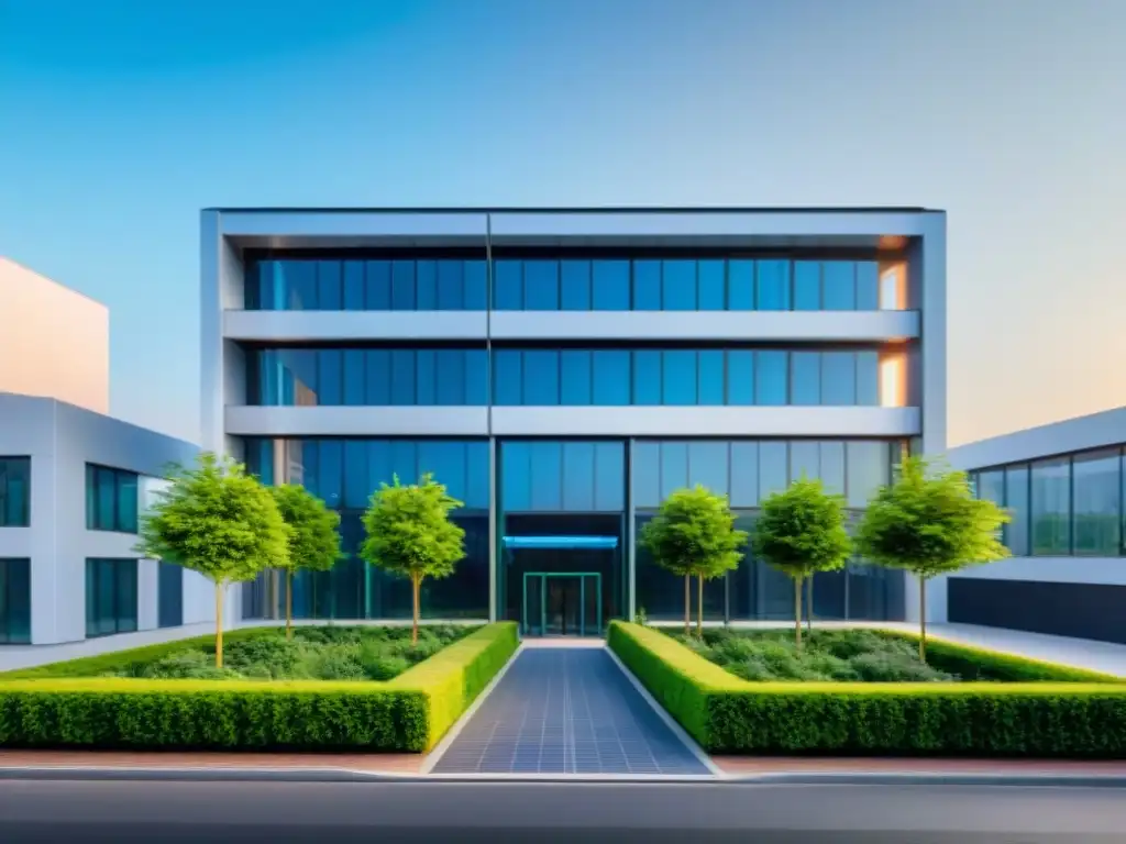 Un edificio de oficinas moderno rodeado de vegetación exuberante, paneles solares en el techo y una estación de reciclaje en la entrada