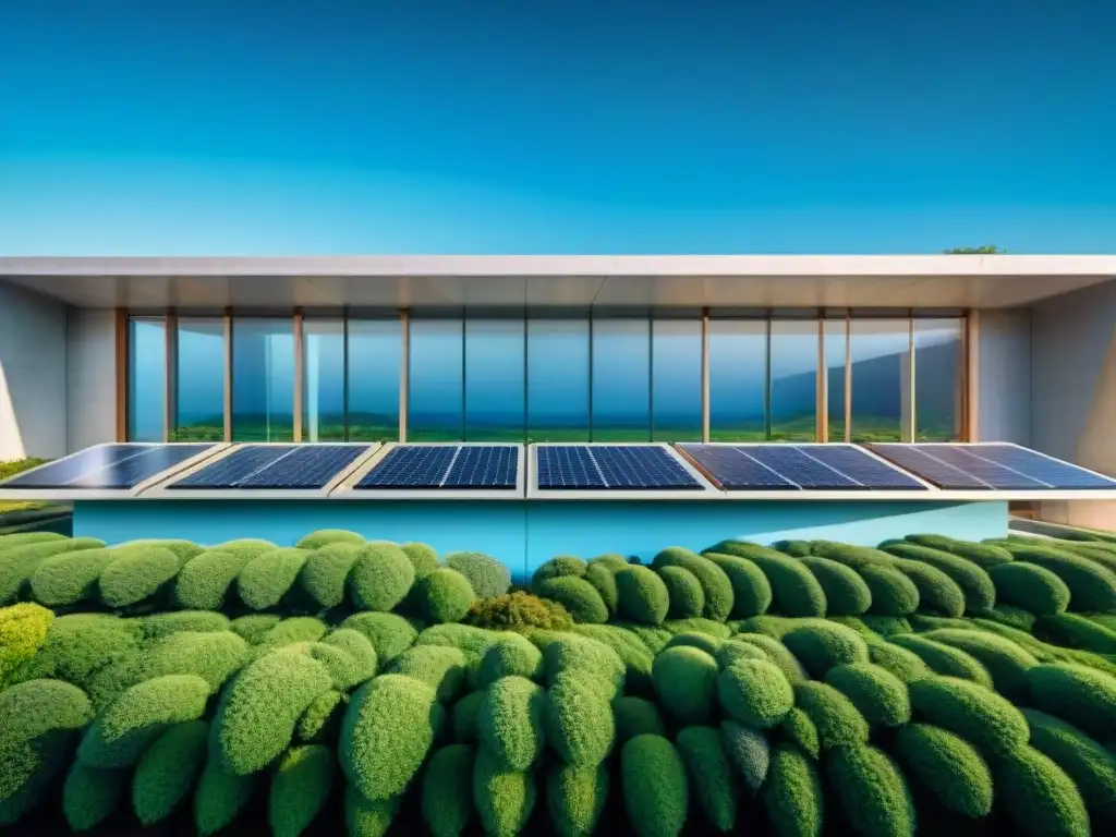 Edificio verde futurista en Uruguay con diseño innovador y características sostenibles, rodeado de vegetación bajo cielo azul claro