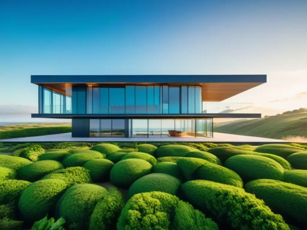 Un edificio verde innovador en Uruguay con paneles solares y techos verdes, rodeado de vegetación, bajo un cielo azul claro