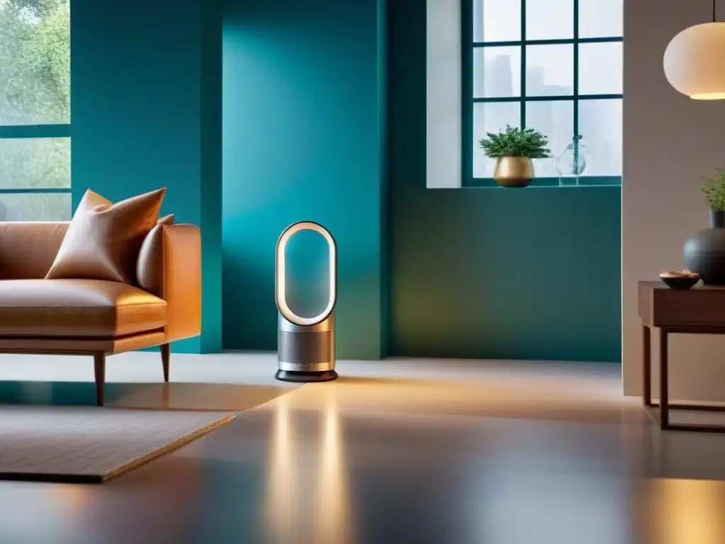 Un elegante purificador de aire Dyson Pure Cool en un moderno salón decorado, iluminando sutilmente el ambiente