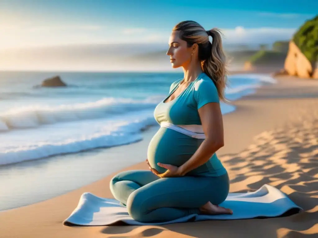 Embarazada practicando yoga en la playa de Uruguay, transmitiendo serenidad y equilibrio